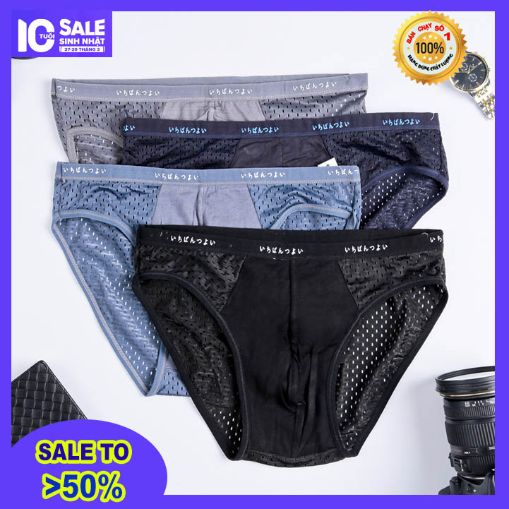 Bộ sản phẩm 04 quần lót tam giác lưới, quần lót nam lưới thông hơi, quần xì, quần sịp nam