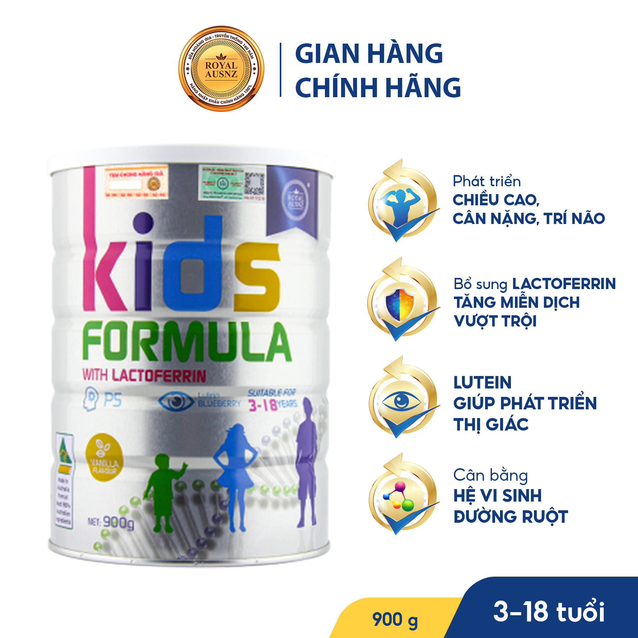 Sữa Bột Hoàng Gia Úc Kids Formula Bổ Sung Dưỡng Chất Cho Trẻ Từ 3-18 Tuổi ROYAL AUSNZ 900g