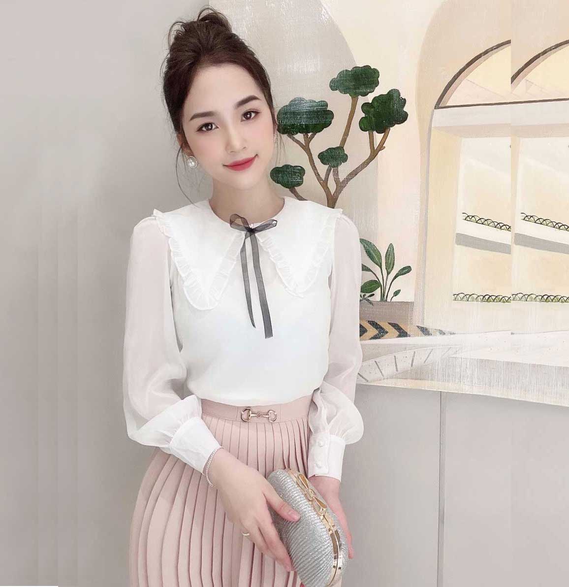 Áo sơ mi nơ đen công sở nữ mềm mát trẻ trung