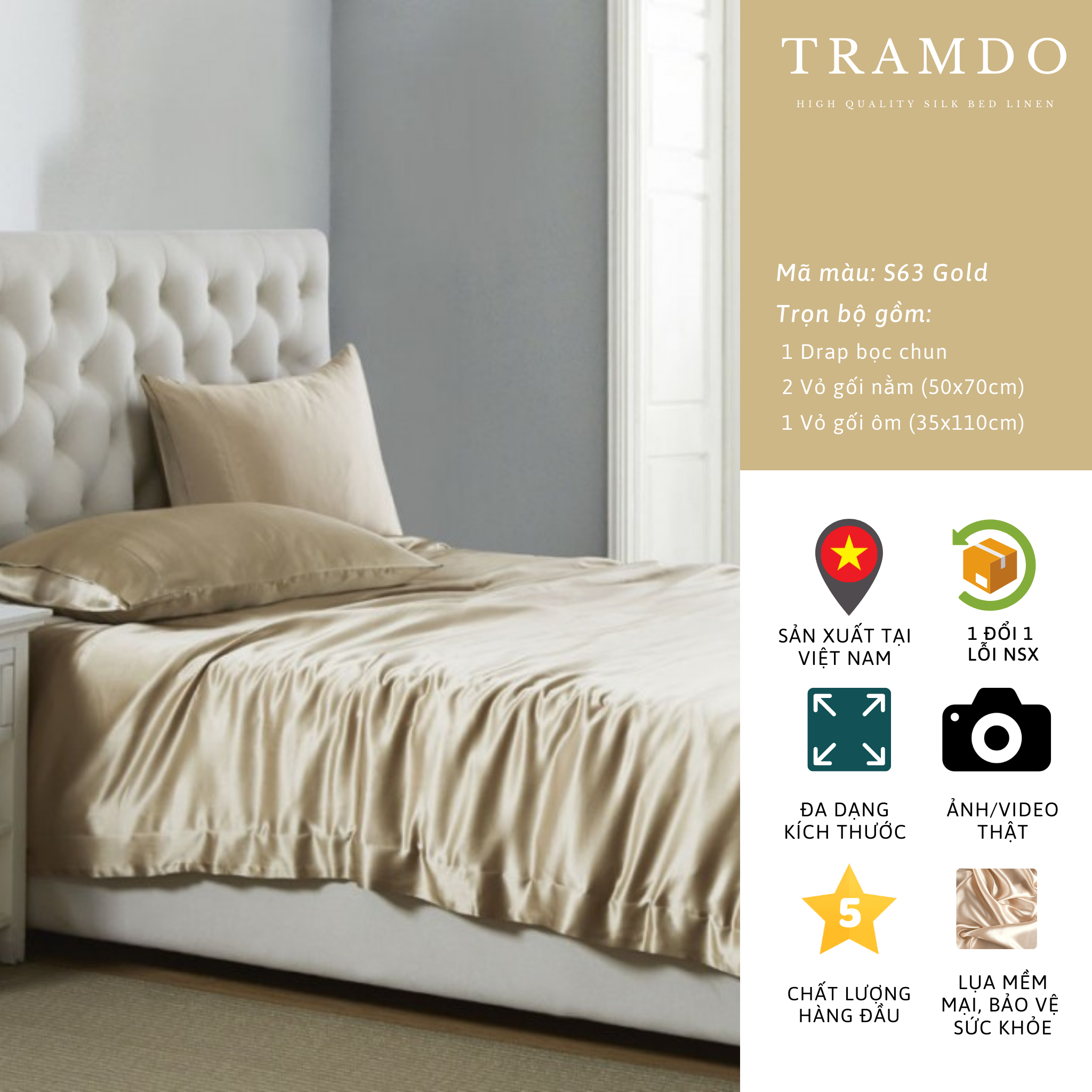 Bộ chăn ga gối lụa cao cấp nite9silk tramdo bedding màu vàng đồng