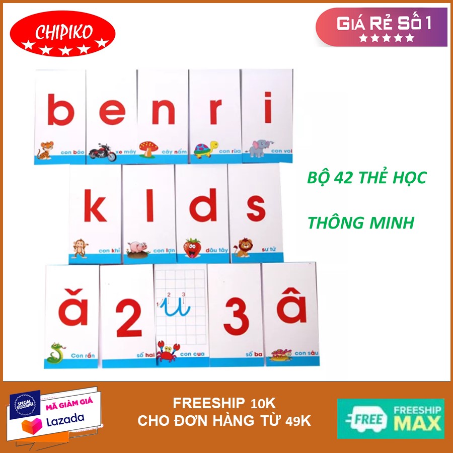 Bộ 42 thẻ học gồm số đếm và chữ cái tiếng việt, thẻ học chữ cái và số thông minh,  đồ chơi giáo dục, rèn luyện những kỹ năng, tập đánh vần và ghép thành câu, làm quen với các con số, dấu cơ bản