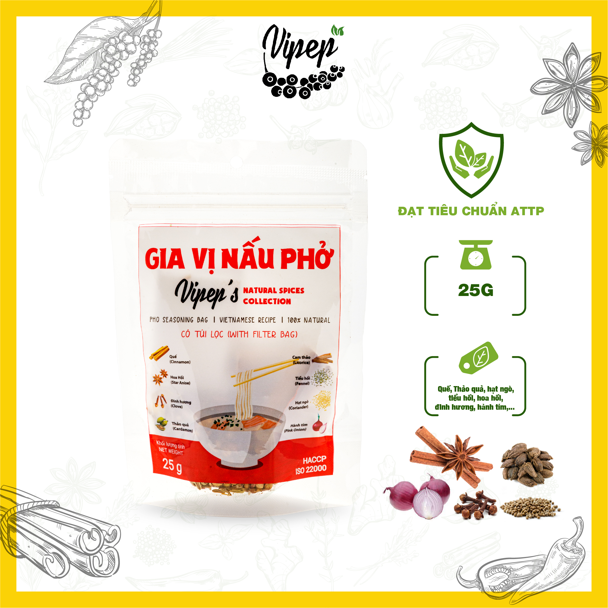 Gói gia vị nấu phở Vipep dùng nấu phở bò, phở gà và bún bò (Vipep chuyên các gia vị tẩm ướp,hữu cơ và gia vị nêm sẵn)