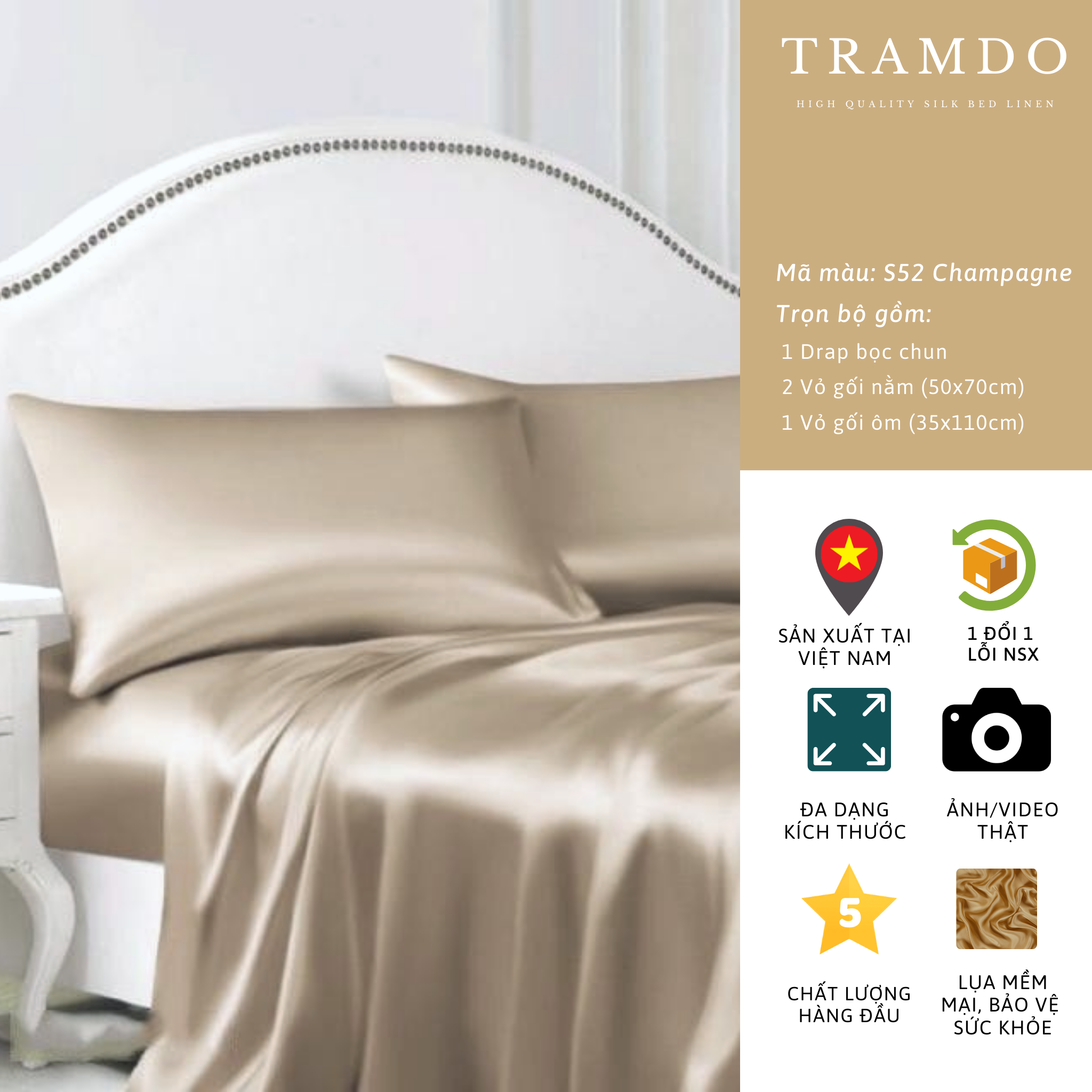 Bộ chăn ga gối lụa cao cấp nite9silk tramdo bedding màu vàng champagne