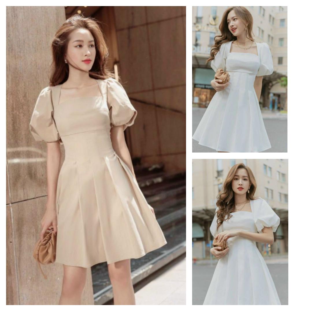 Đầm xòe dạo phố cổ vuông tay phồng chít eo ngoctranshop - nt8374