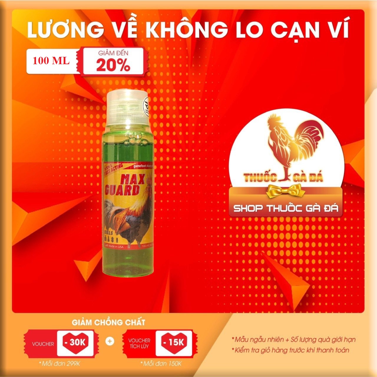 Max guard mỹ chai 100 ml xà bông tắm gà bóng lông, tri ve mạt, rận cho gà đá