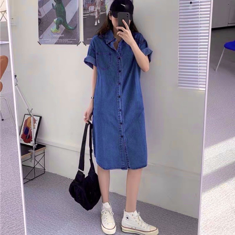 Đầm jeans nữ khuy cài 🦋 váy jeans nữ cộc tay dáng suông