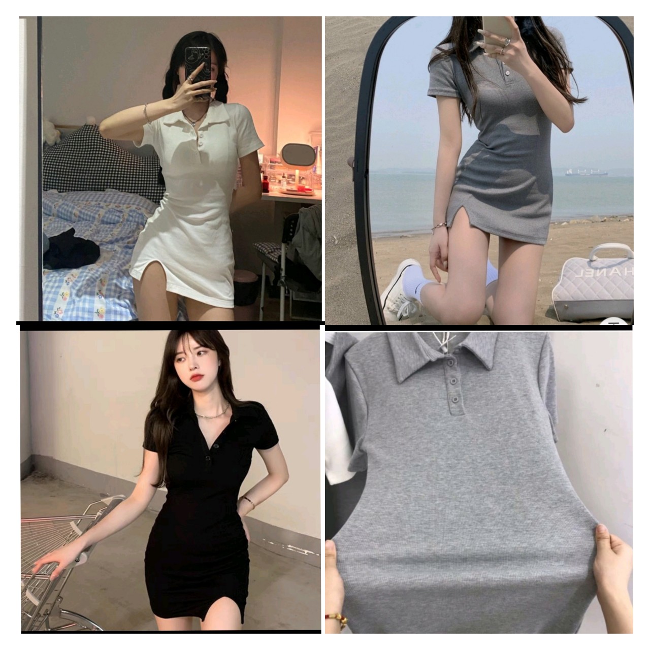 [ Chuyên Sỉ ] Váy Body Cổ Bẻ Xẻ Trước - Chất Thun Gân Tăm - Xưởng May TL_HCM