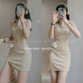 Đầm body cổ sơ mi tay ngắn xẻ tà chất thun gân xinh xắn