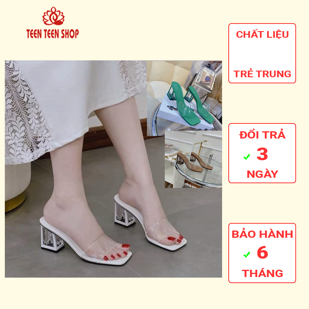 Guốc nữ gót cao 5 phân, quai trong suốt mềm đẹp sang chảnh dễ đi.