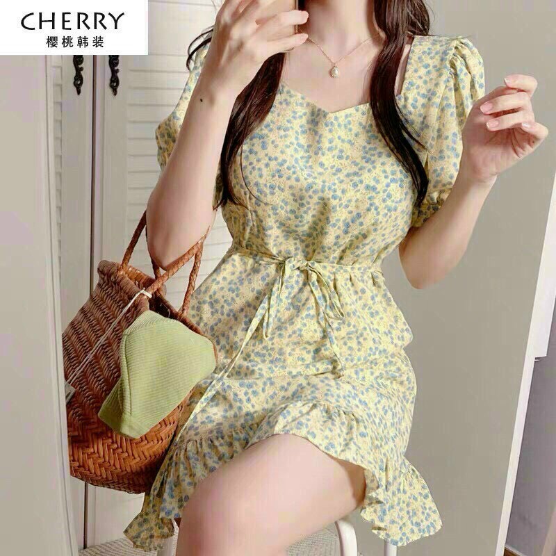 Đầm hoa nhí cổ tròn tay ngắn, đầm midi hoa hai màu xanh đen, đầm hè Hàn Quốc dáng váy xòe đuôi cá dễ thương