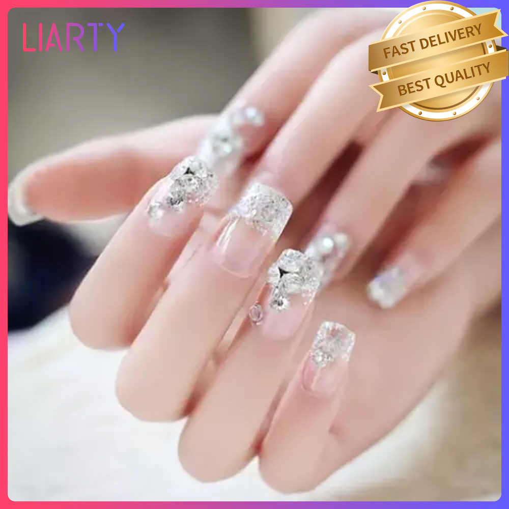 [Hàng Sẵn Có] Thời Trang 24 Cái Kim Cương Giả Sáng Bóng Móng Tay Giả Ren Trong Suốt Thiết Kế Vuông Đầy Đủ Ngắn Móng Giả Nep Nagels Với Keo Dán