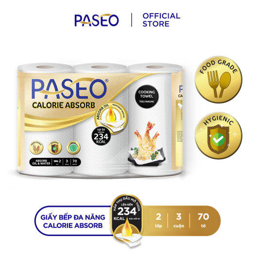 Giấy bếp đa năng cao cấp Paseo Calorie Absorb lau dầu mỡ, thấm hút nhanh (3 cuộn 2 lớp)/lốc