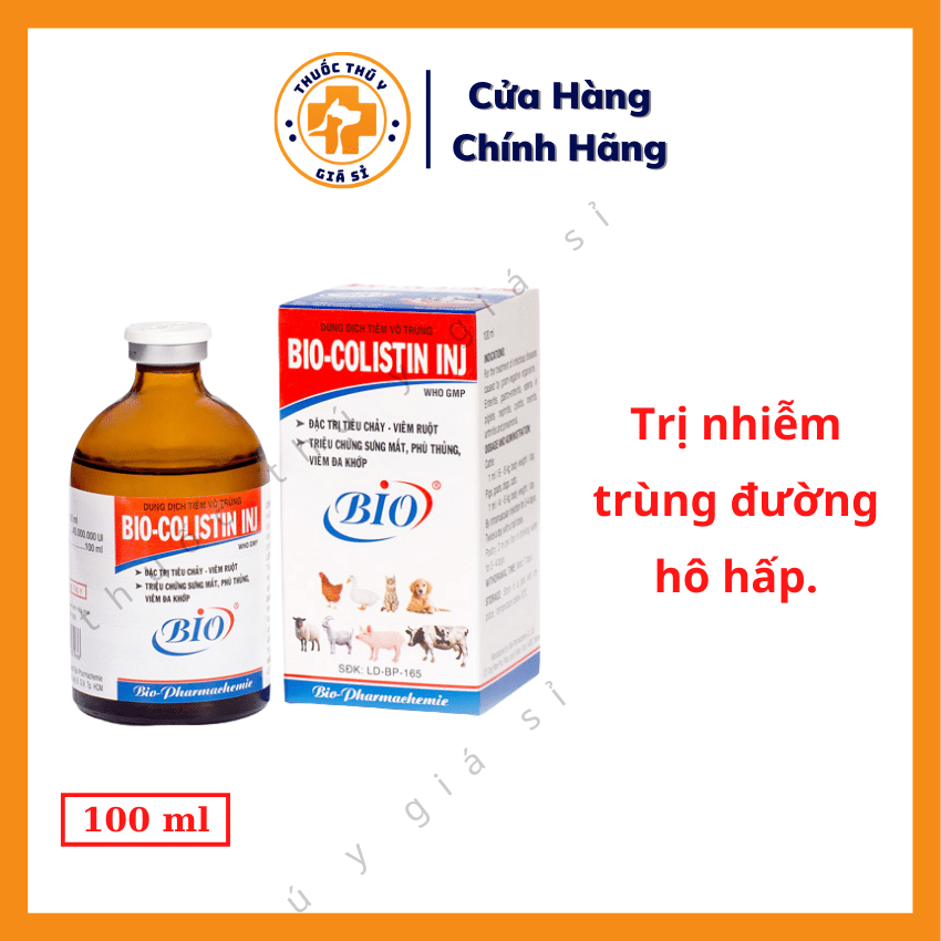 "Hoàn tiền đến 10%" Bio Colistin INJ 100ml - Trị Bệnh Đường Hô Hấp, Tiêu Hóa, Tiết Niệu, Sưng Mắt Ở Trâu, Bò, Heo, Dê, Chó, Mèo, Gia Cầm - Thú Y Giá Sỉ