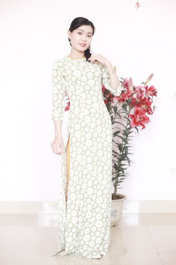 Bộ Áo Dài Nữ Hoa Nhí Chất liệu vải Lụa Hàn Châu, Kiểu dáng Thanh lịch, Hình in 3D sắc nét