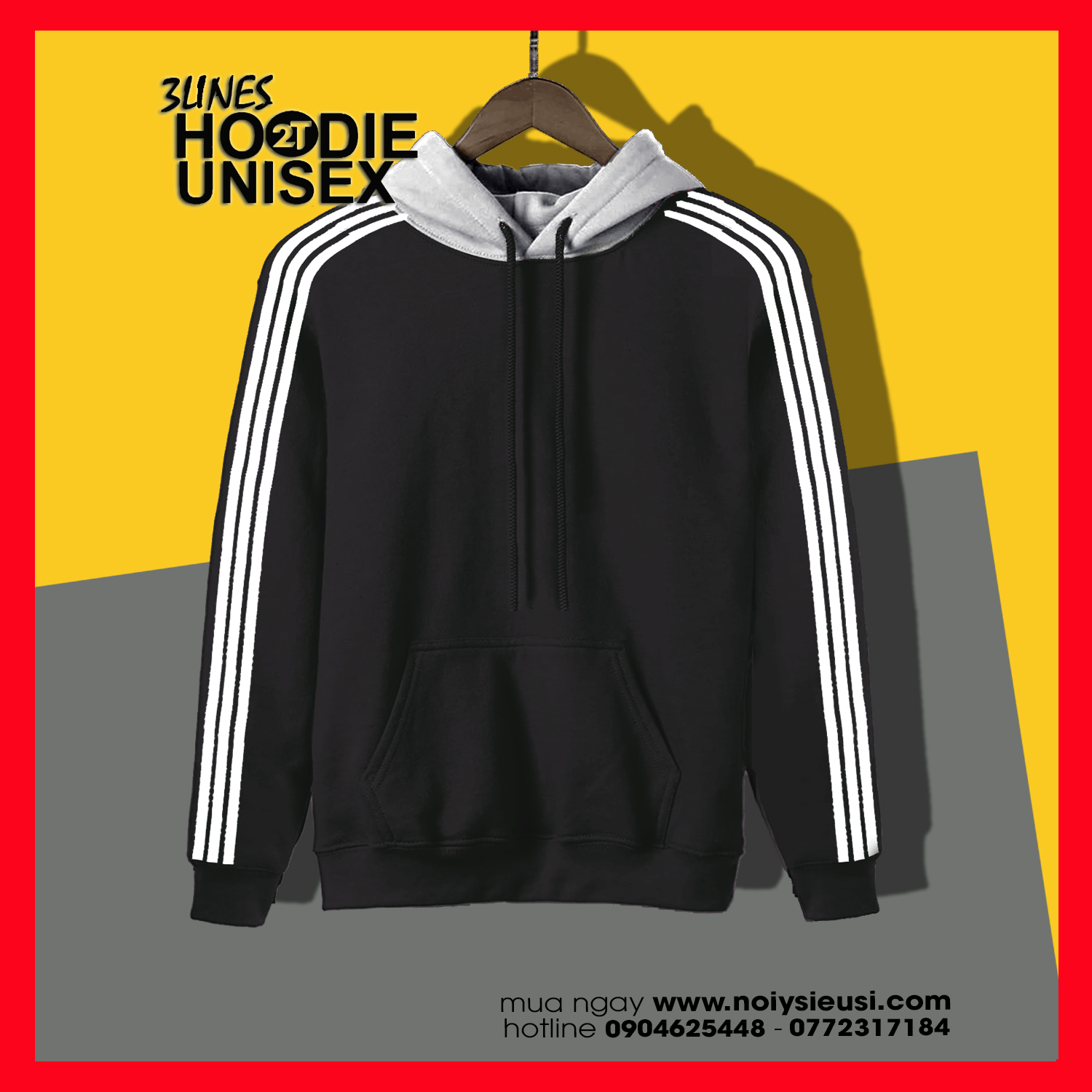 [4.4 HOÀN TIỀN 15%][HCM]Áo Hoodie 3Lines Nón Xám Unisex 2T Store H3L03 Màu Đen - Áo Khoác Nỉ Chui Đầu Tay Áo 3 Sọc Có Nón 2 Lớp Dày Dặn