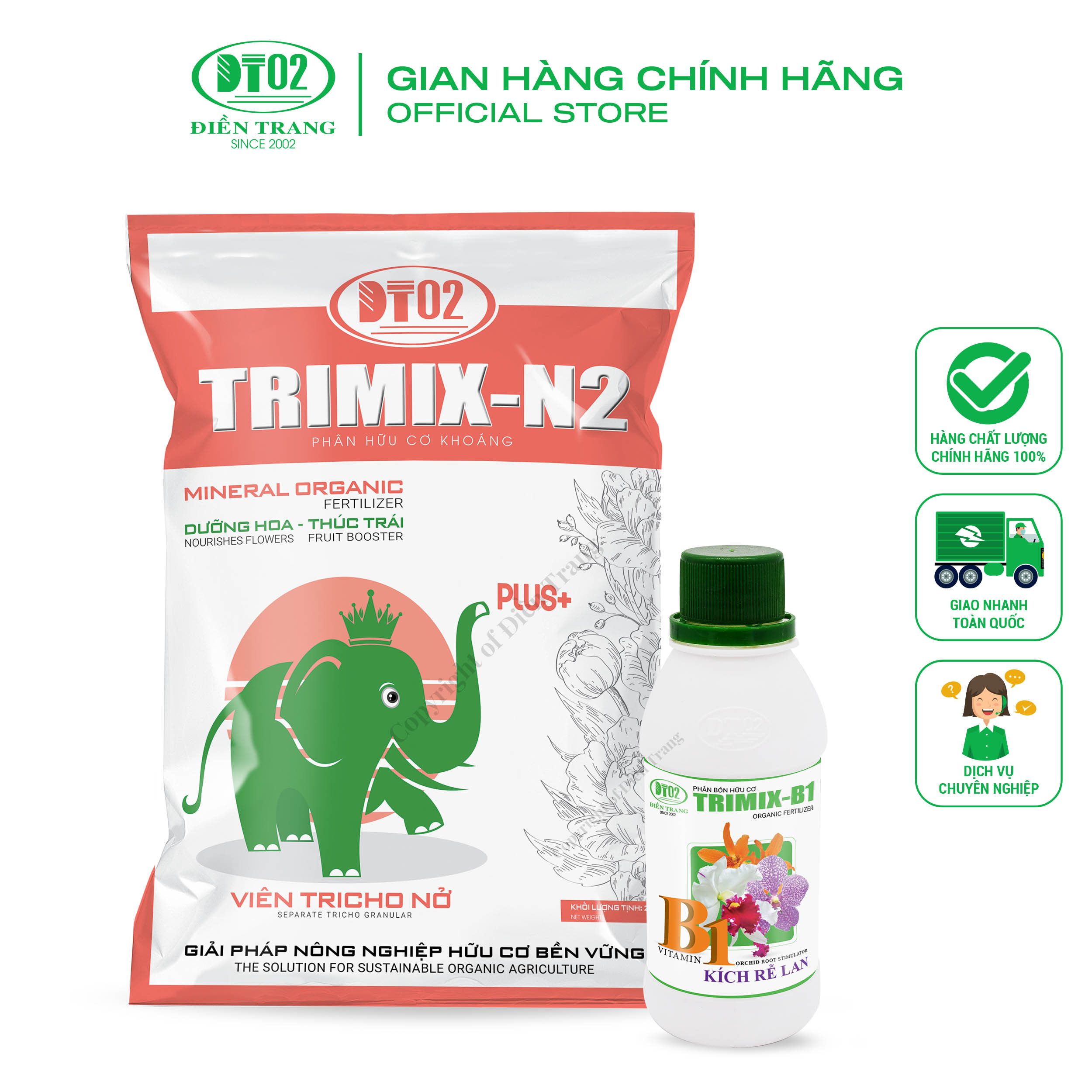 Phân hữu cơ khoáng trimix-n2 2,5kg điền trang và phân bón trimix-b1 siêu ra rễ lan 100ml