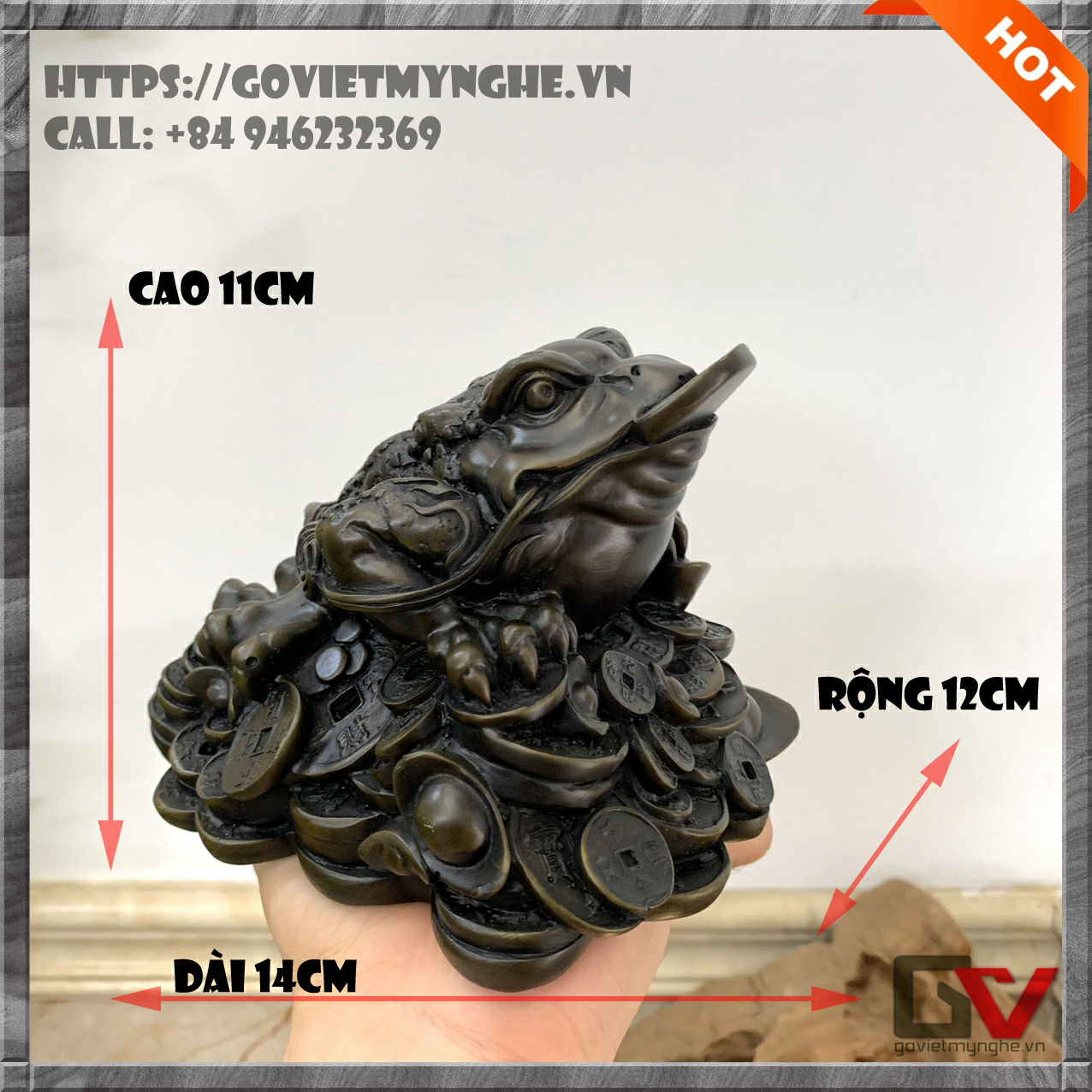 [Linh vật phong thủy] Tượng Cóc 3 chân cóc Thiềm Thừ ngậm tiền tài lộc chiêu giữ tài lộc - Cao 11cm - màu nâu đen