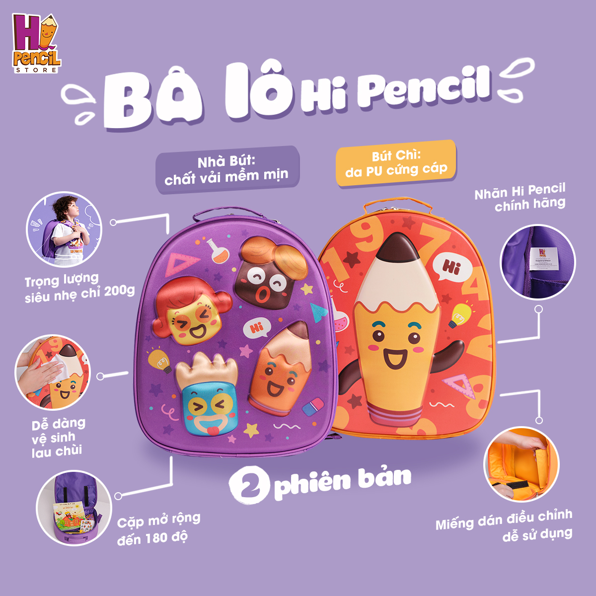 Balo đi học cho bé 4 - 8 tuổi hi pencil hình in hoạt hình nhà bút/ bút chì dễ thương eva chống thấm nước siêu sạch