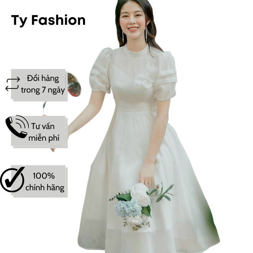 Freeship đầm trắng cổ tròn tặng tag hoa đi tiệc sang trọng ty fashion
