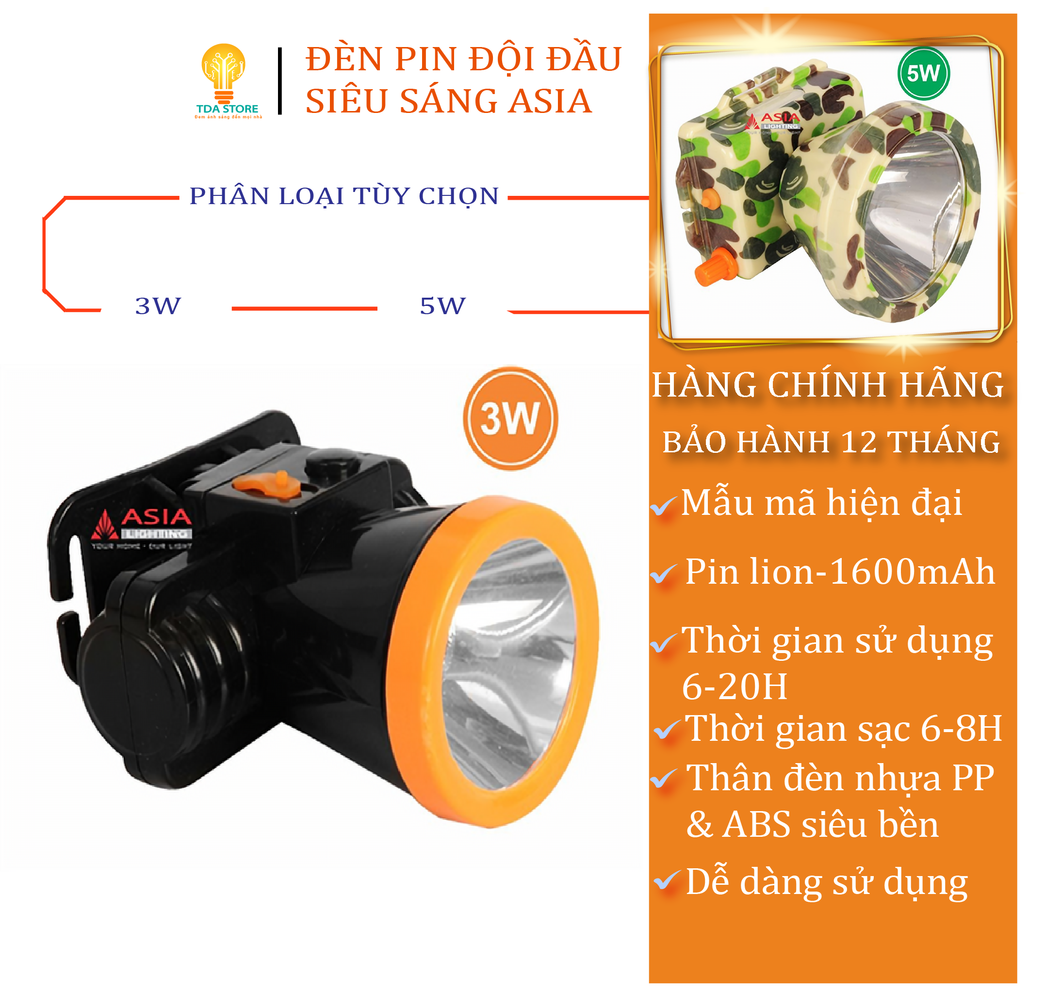 Đèn pin đội đầu siêu sáng chiếu xa pin trâu cao cấp công suất lớn hàng chính hãng AsiaLighting