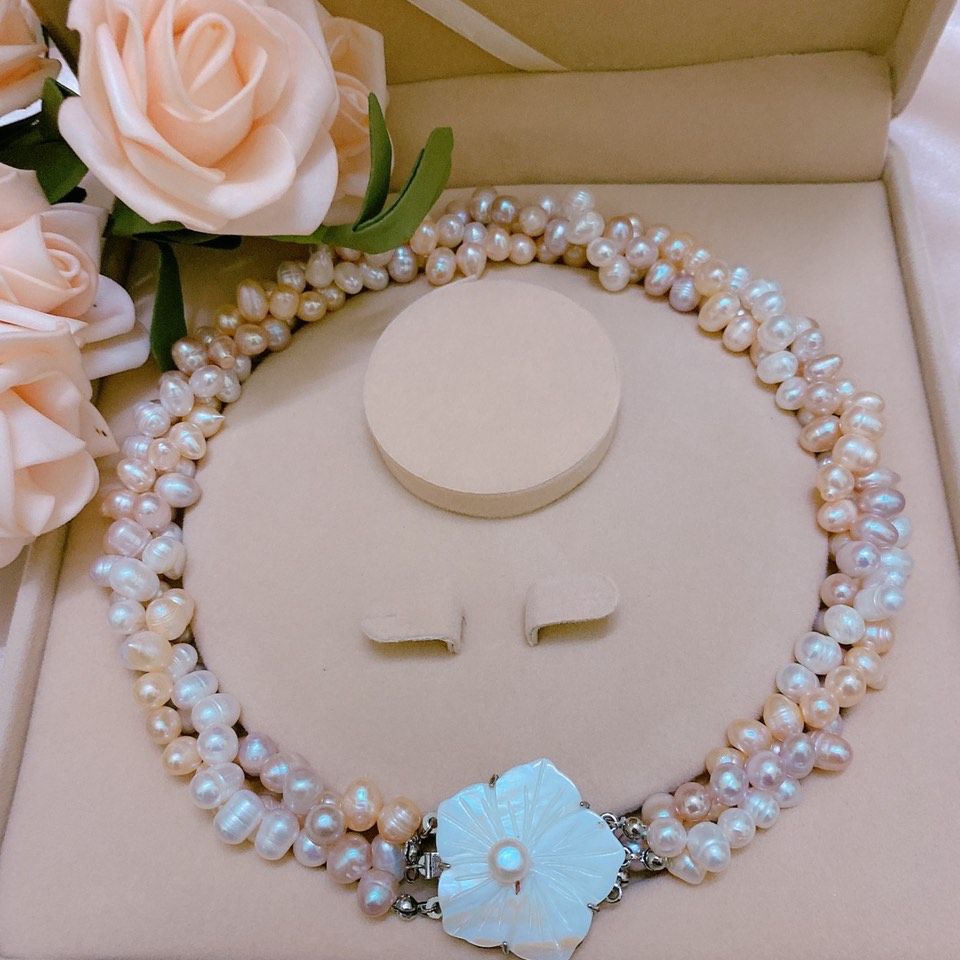 Vòng cổ ngọc trai thật tự nhiên nuôi nước ngọt 3 dây kết xoắn khóa hoa băng trai thật xịn xò
