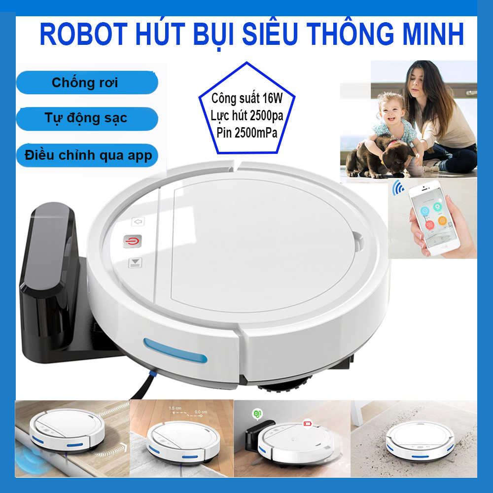 Hút Bụi Lau Nhà Tự Động, Robot Hút Bụi Thông Minh, Robot Lau Nhà. [HÀNG XỊN] Robot có thiết kế gọn nhẹ, lực hút mạnh, chạy êm. PHIÊN BẢN SIÊU THÔNG MINH điều khiển và quản lý tất cả các thao tác tiện dụng qua App điện thoại, chống rơi và tự sạc.