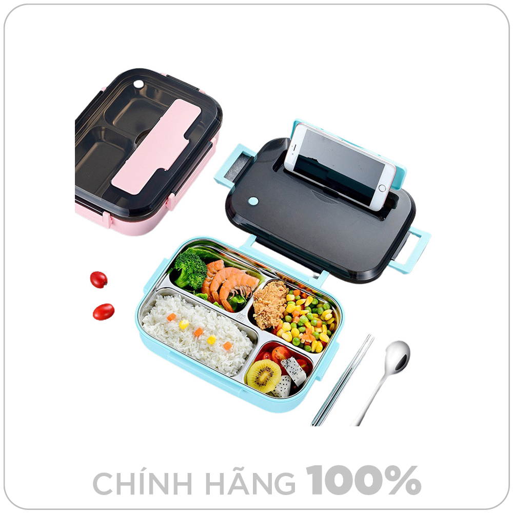 Hộp đựng cơm inox giữ nhiệt văn phòng 304 3/4 ngăn (Tặng kèm thìa đũa inbox)