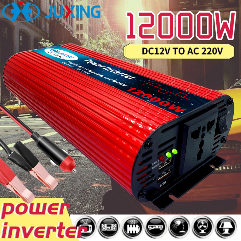 Juxing bộ biến tần xe hơi 12000w/10000w/8000w/6000w bộ chuyển đổi di động để sửa đổi xe hơi, biến áp điện áp dc 12v sang ac 220v, với usb kép, ổ cắm đầu ra thông dụng, sử dụng cho các công cụ trang trí sóng hình sin biến đổi