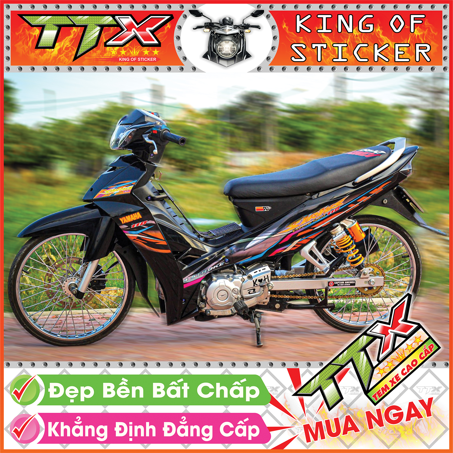 Tem sirius hoa văn , Tem xe phụ kiện sirius màu cam nền đen xám tím tuyệt đẹp , Shop TTX Team chế sirius
