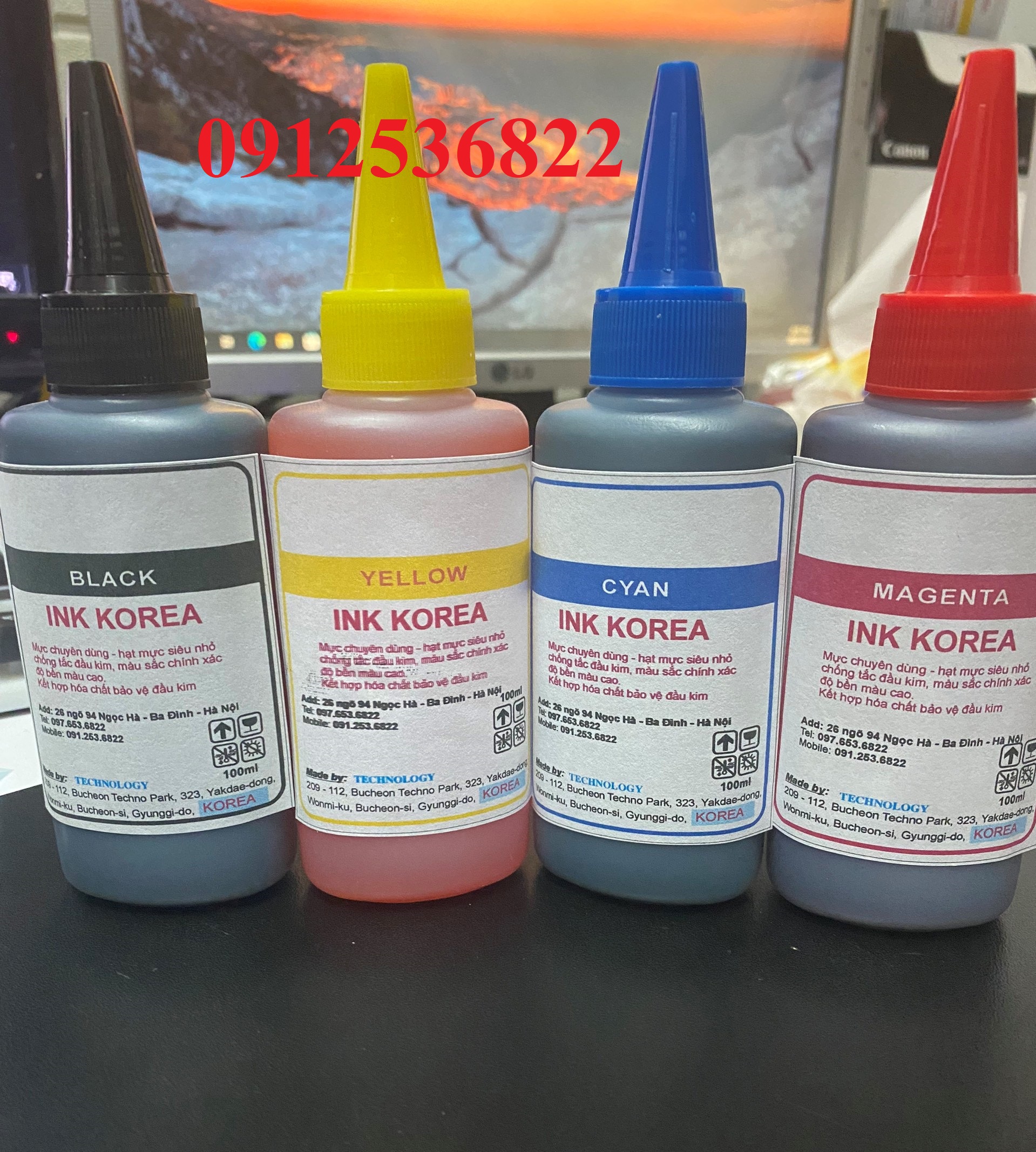 Bộ mực in cho máy in Canon 4 màu xanh,vàng,đen đỏ 100ml/1 màu