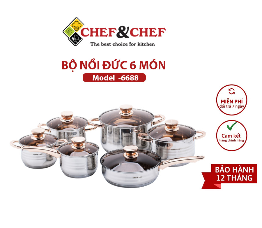 [GIAO SIÊU TỐC 2H] Bộ nồi Đức 6 món [ CAO CẤP ] bộ nồi nấu 6 món CHEF&CHEF - 6688 Đun nấu nhanh và tiết kiệm năng lượng nhờ đáy 5 lớp, soong nồi, nồi, nồi nấu, nồi chiên, đồ dùng nhà bếp
