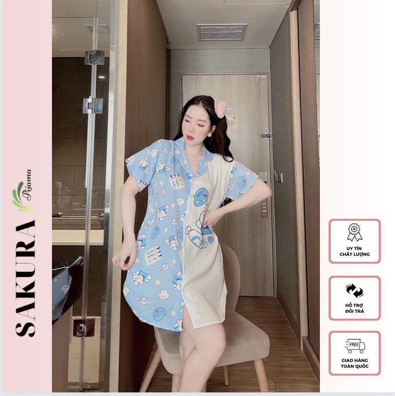 Váy sơ mi suông dáng dài thiết kế cute lụa ngủ cao cấp SAKURA