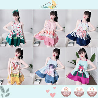 Đồ bộ yếm tơ ánh kim in 3D xinh phối lụa latin tơ tằm mềm mát quần đùi sang trọng nhà suri