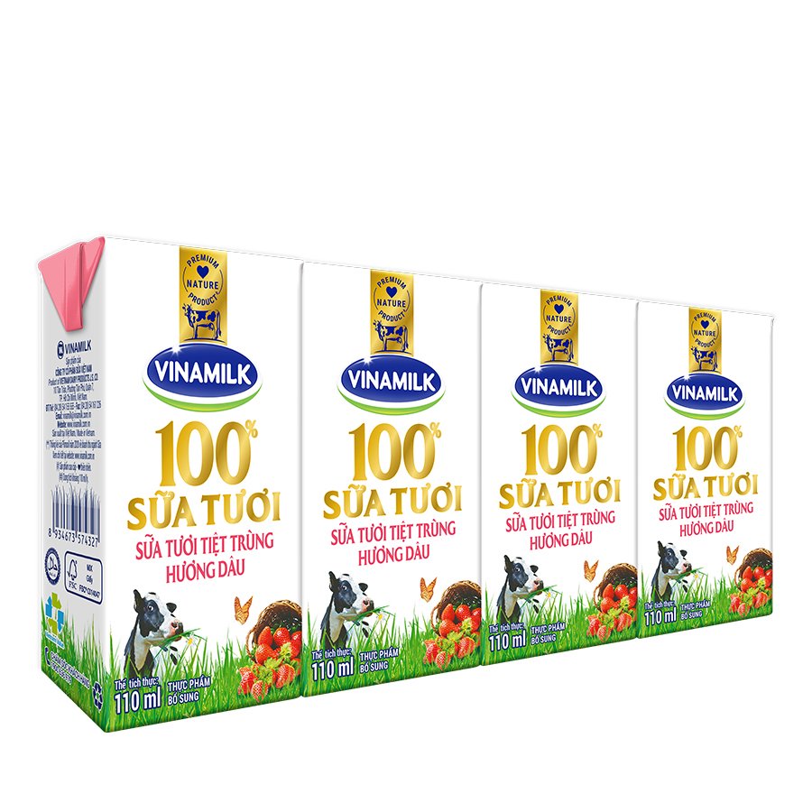 Thùng 48 hộp Sữa tươi tiệt trùng Vinamilk 100% Hương Dâu - Lốc 4 Hộp x 110ml