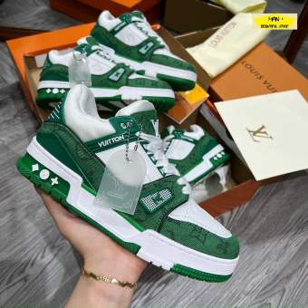 Giày Louis Vuitton LV Trainer White Green Monogram Denim Xanh bao chất, hot hit dành cho nam nữ - Giày LV sneaker