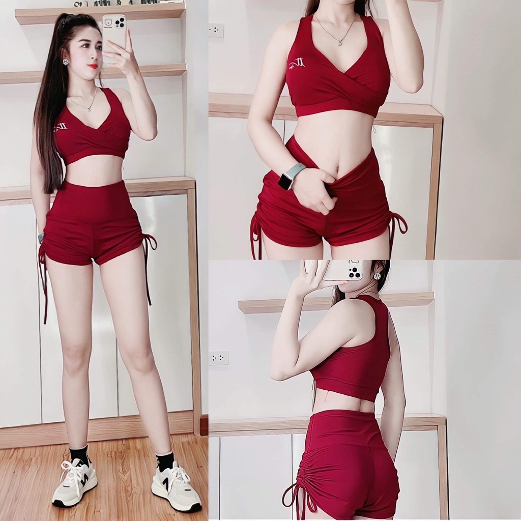 Đồ tập gym nữ, đồ tập yoga erobic nữ áo bra tặng kèm mút quần đùi rút dây chất vải thun lạnh co giãn