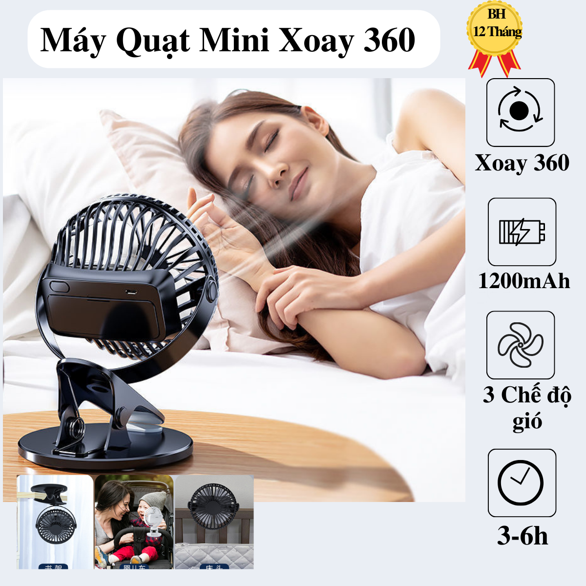 [HCM]Quạt sạc điện mini siêu mát đế kẹp xoay 360 độ dung lượng pin 2000mAh