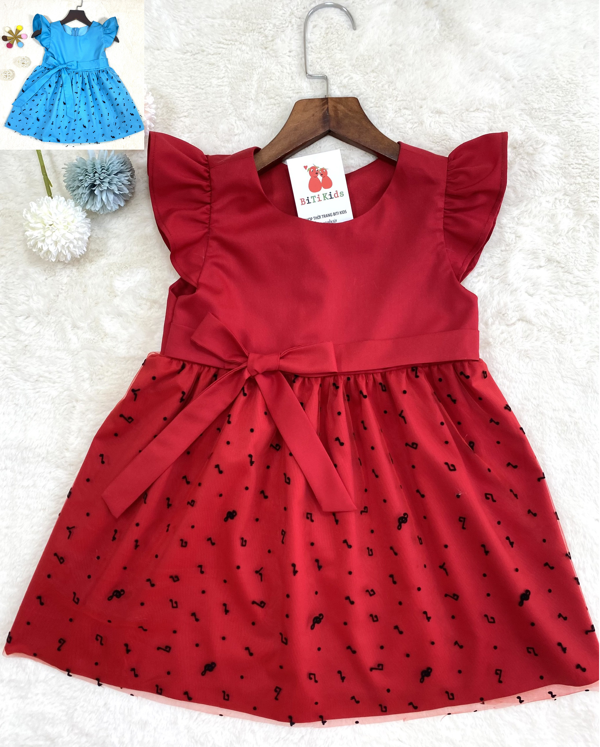 Đầm công chúa bé gái,váy trẻ em hai lớp thiết kế cao cấp màu đỏ, xanh dương chơi Noel,Tết,BITIKIDS size từ 0-8 tuổi