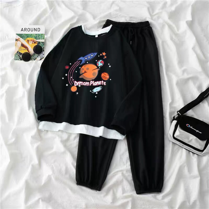 Sét nỉ cotton áo dài tay in hình hành tinh tên lửa kèm quần bom