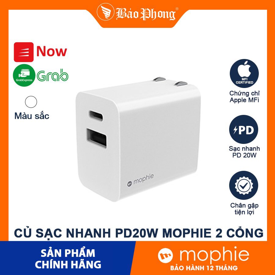 Củ sạc nhanh mophie 2 cổng type c+ usb awall adapter pd 20w