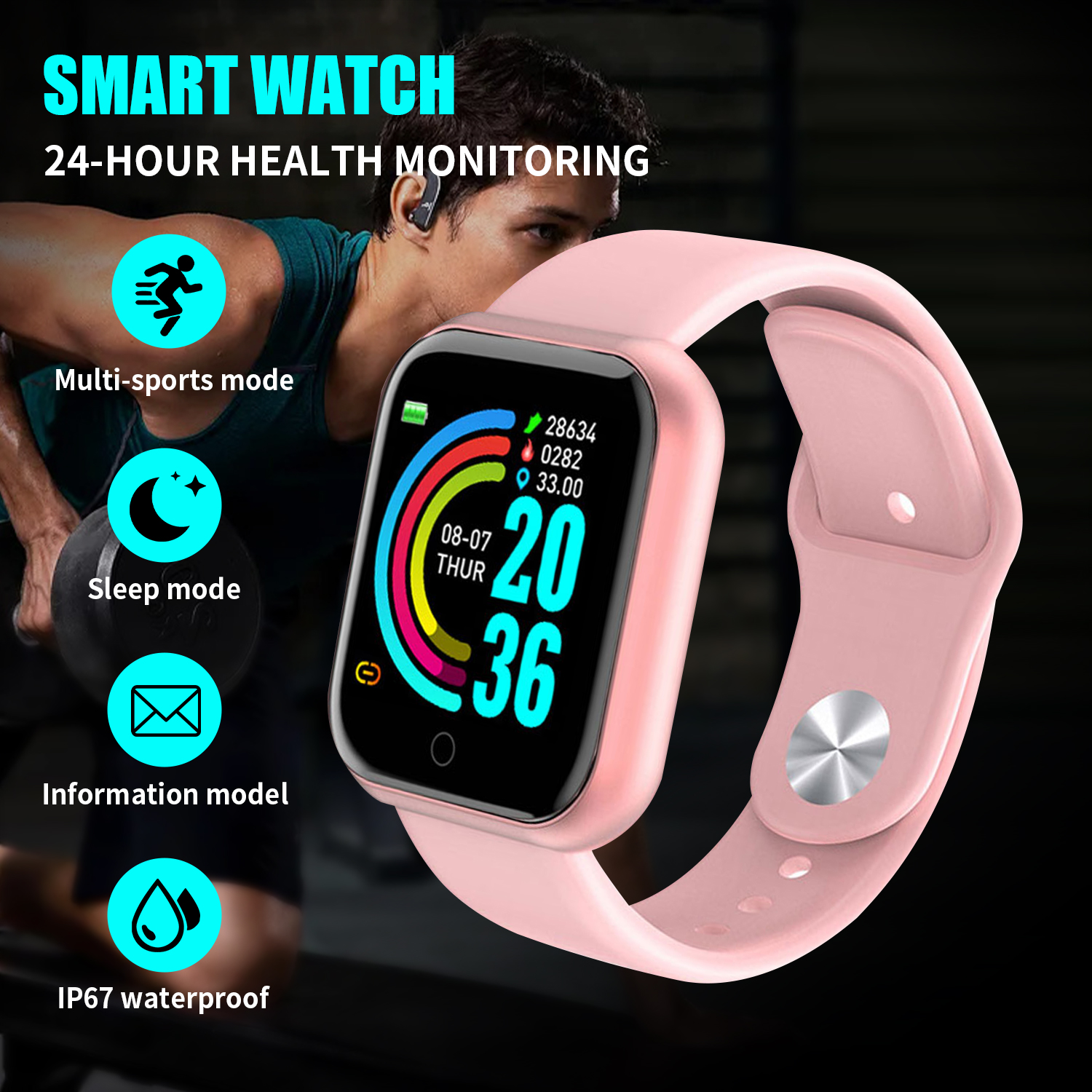 Model explosive smart watch Y68 Sport Bluetooth waterproof smart watch fitness tracker wristband pedometer heart rate sleep monitoring smart Wach jam Pintar Harga 45,000 rupiah*Gratis Ongkir