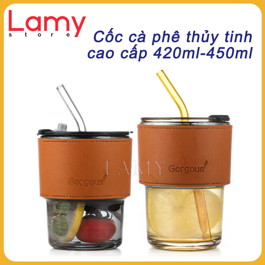Cốc Uống Nước Có Ống Hút, Ly Thuỷ Tinh Vỏ Da Có Nắp Và Ống Hút Dung Tích 420ML Và 450Ml Chịu Nhiệt -10 độ C đến 110 độ C