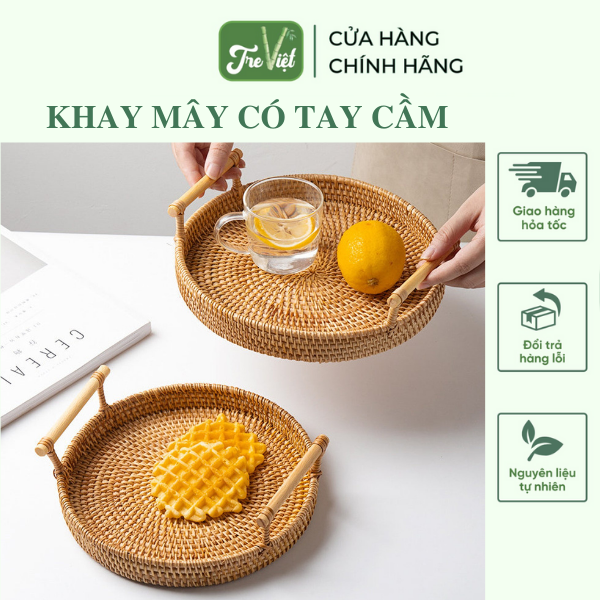 Khay Mây Tròn có Tay Cầm Đựng Đồ Ăn - Khay Mây Guột Trang Trí Decor 3 size - Rattan Tray