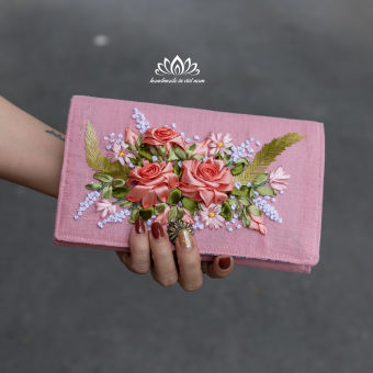 Ví  vải canvas thêu hoa ruy băng nổi bật