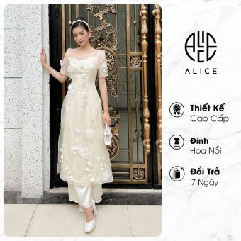 Set Áo Dài Kèm Quần Lụa Chất Tơ Óng ALICE Đính Hoa Nổi Cao Cấp, Thiết Kế Cổ Lệch Tay Lỡ Phong Cách Thanh Lịch AD251