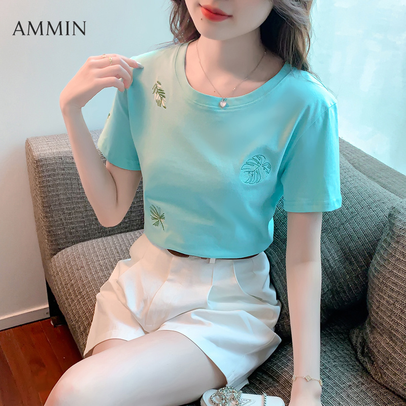 AMMIN Áo Thêu Lá Chỉ Lụa Chắp Vá Màu Sắc Mùa Hè 2022 Áo Thun Thêu Tay Ngắn Dáng Rộng Phong Cách Hàn Quốc Cho Nữ