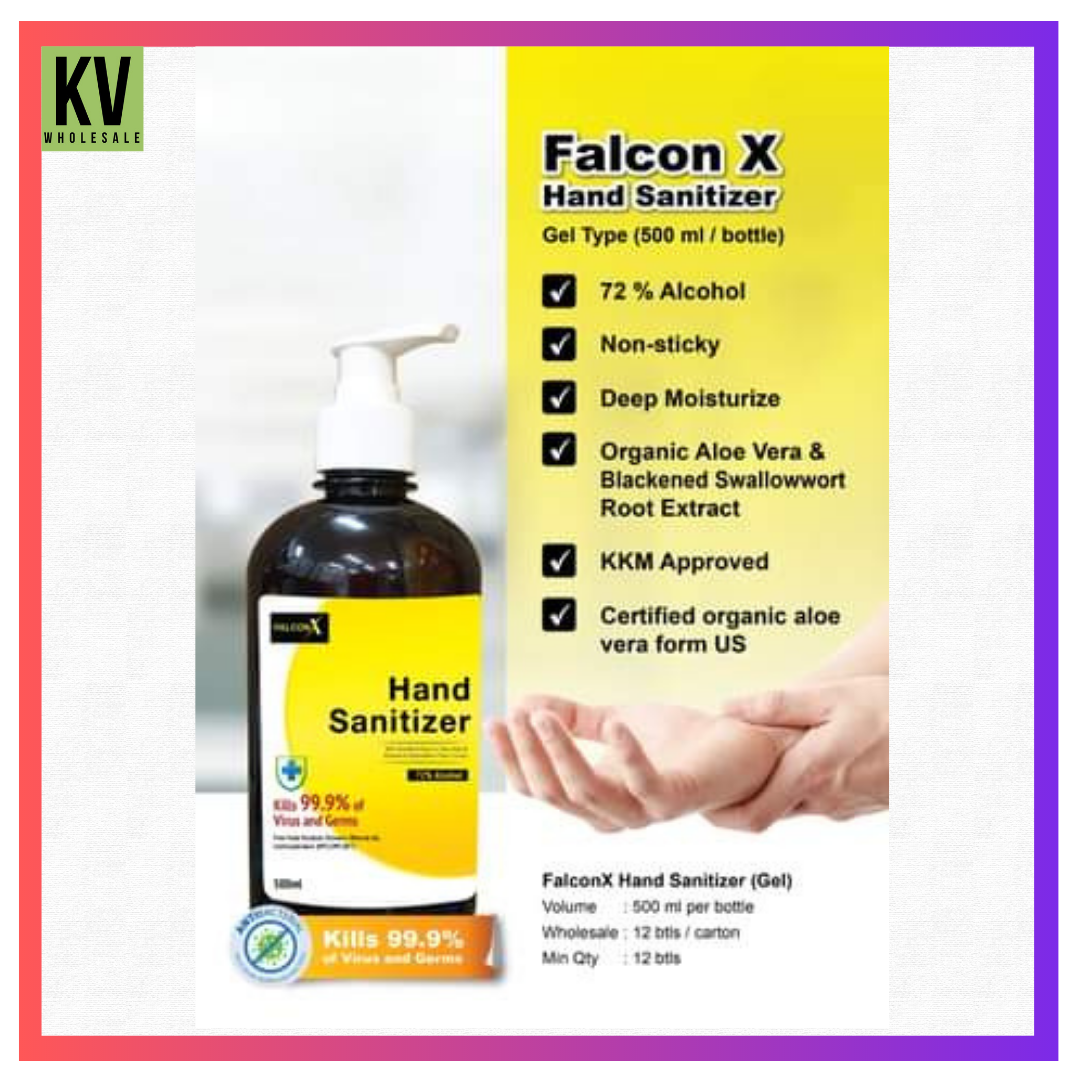 72% Alcohol Falcon-X Hand Sanitizer(500ml) Organic AloeVera/ Extract-Kill 99.9% Germ,Bacteria,Virus