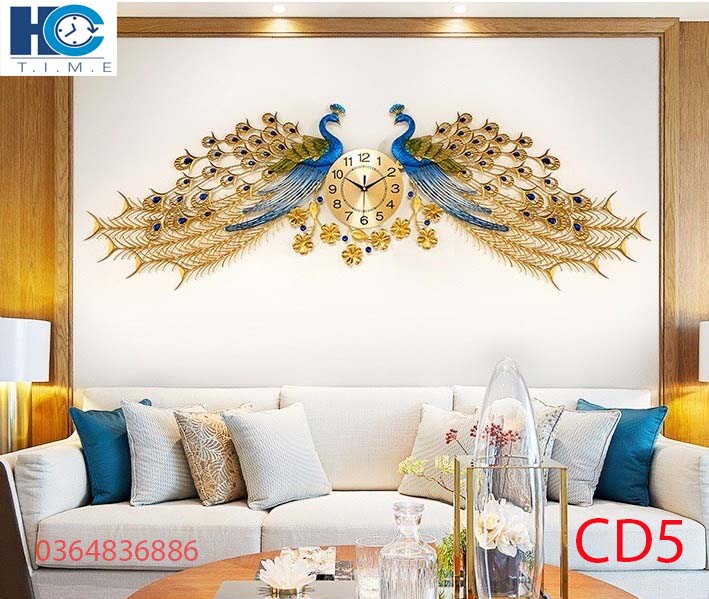 Đồng hồ treo tường trang trí decor chim công CD5 Khổng Tước vàng kích thước 160 x 70 cm