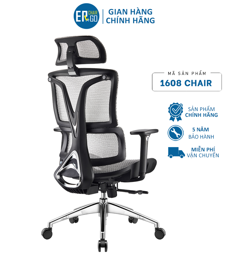 Ghế công thái học ergonomic 1608 xám - thiết kế 2 lưng