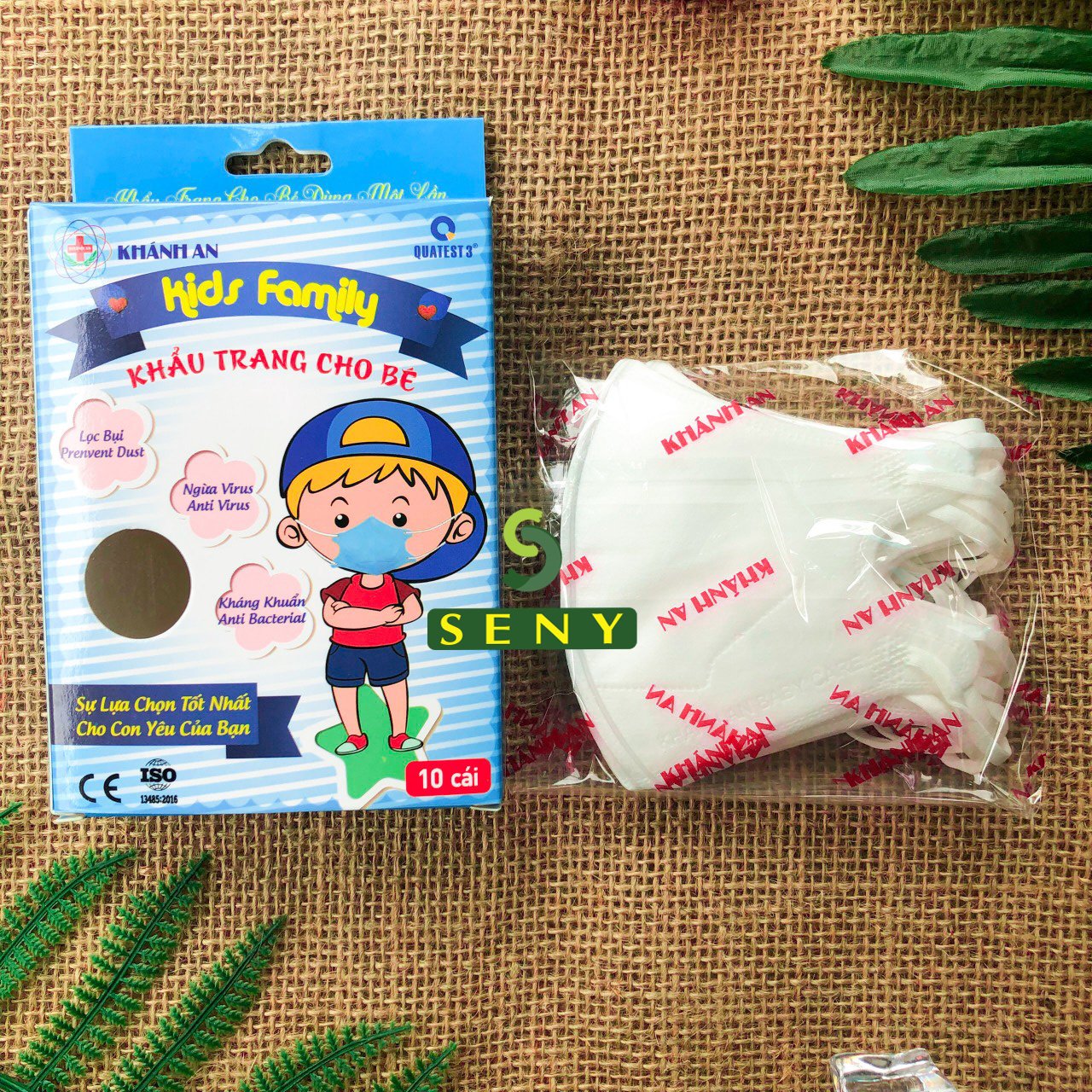 Combo 10 Hộp Hộp 10 cái Khẩu trang 3D cho bé 6 tháng đến 4 tuổi Khánh An 3 lớp kháng khuẩn màu xanh trắng